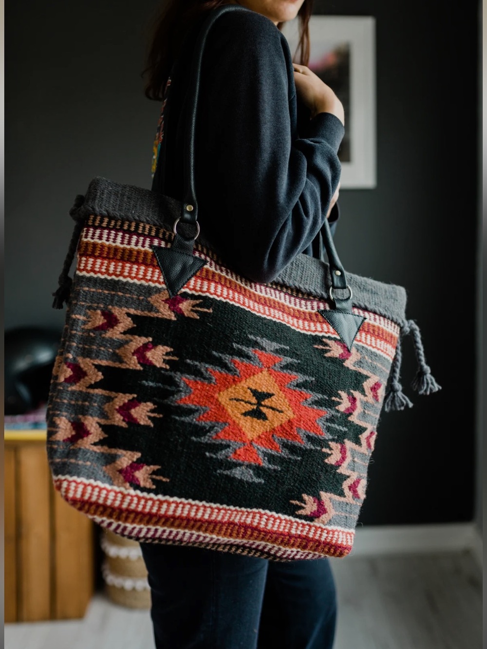 El Paso Saddle Blanket Co Southwestern Wool Leather Tote Bag Aztec Boho